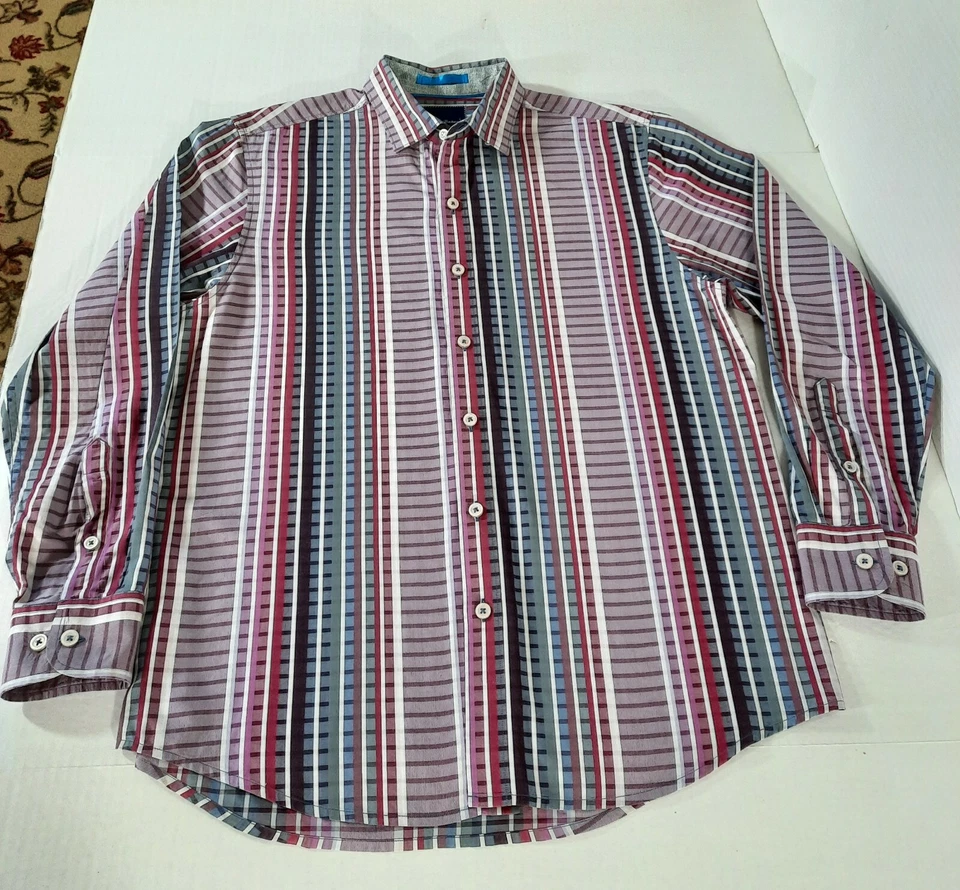 Camisa Tommy Bahama Silva Rayas Pima LS Abotonada Hombres M Púrpura Rojo Azul Funciona Grande Foto 2 de 4