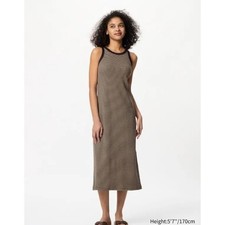 Uniqlo Ribbed Built in Bra Sleeveless Dress Brown Black Striped Midi Racerback M