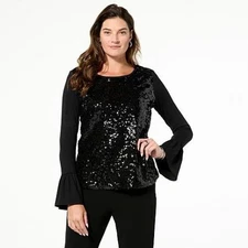 Christian Siriano Black Ruffle Cuff Sequin Detail Top Size XL Shirt C Wonder New