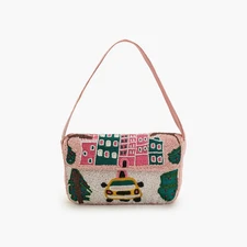 Beaded Shoulder Bag Pink Cityscape Houses Car Christmas Trees Holiday Novelty