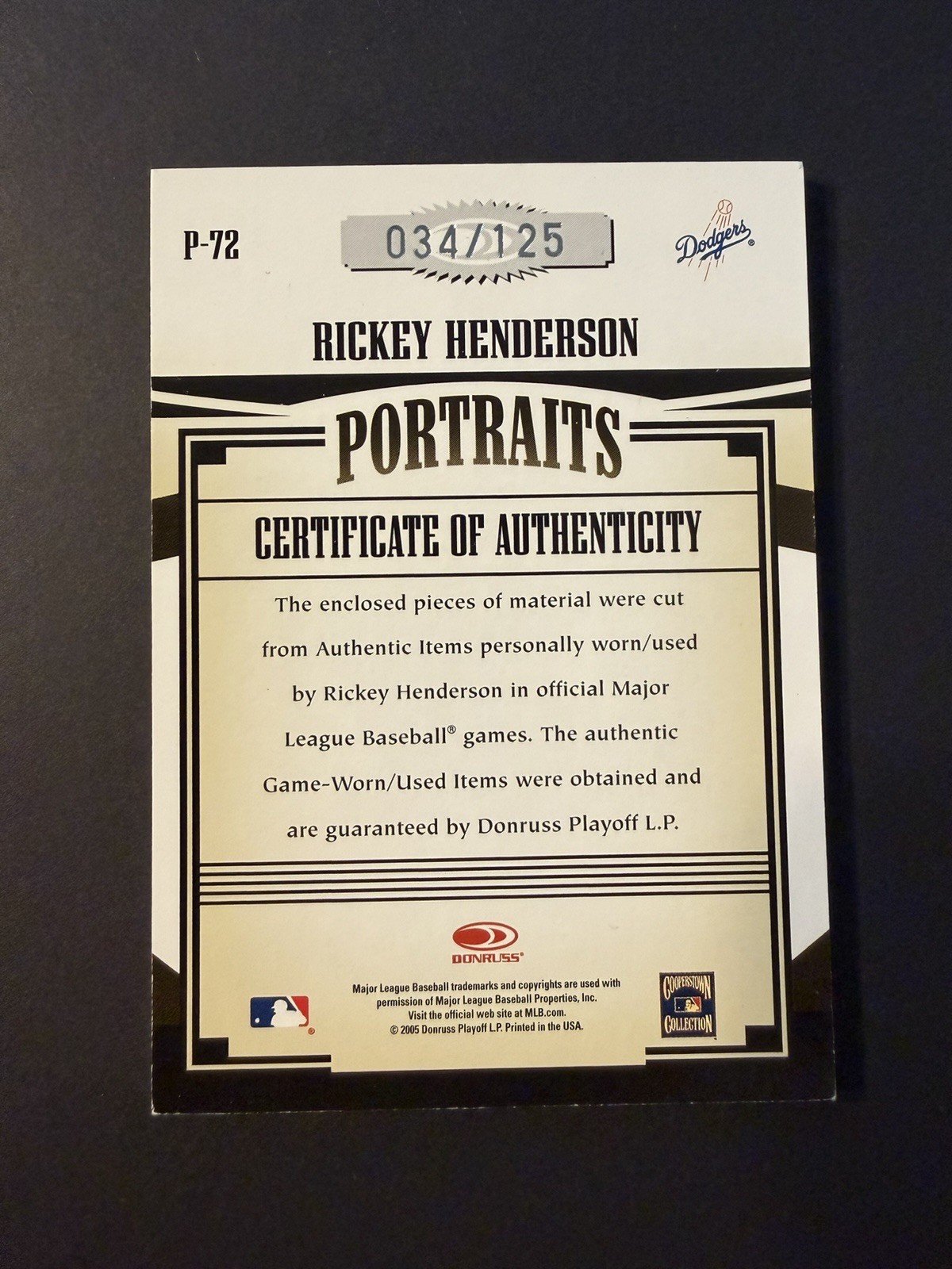 2005 Donruss Prime Patches Rickey Henderson Game Worn Triple Material /150 PSA 7 view 2