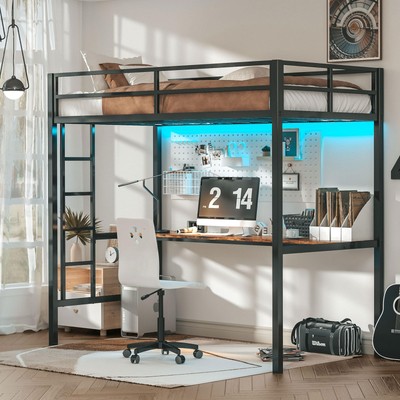 Loft Bed Twin Size with Desk, Metal Loft Bed Frame with Power Outlet and LED ...