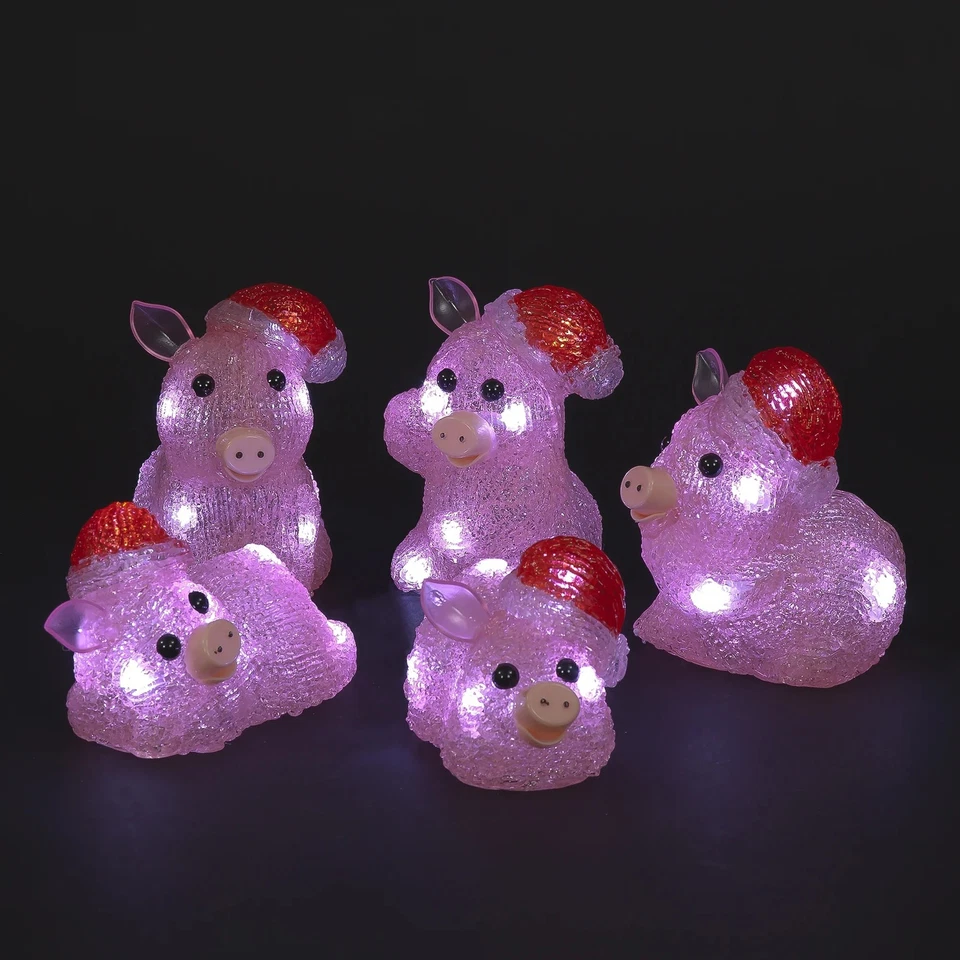 SNOWTIME Acrylic Light up Christmas Pigs Outdoor Garden Decoration 12cm - Set of 5
