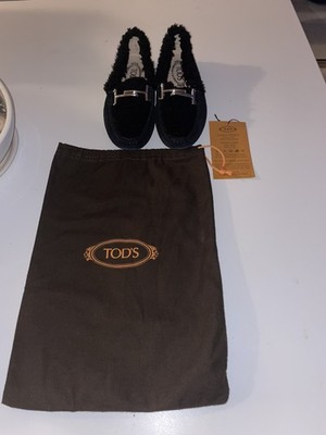 Authentic Tod's Black Suede Merino Lamb Fur Loafers - Size 36.5 - With Tags
