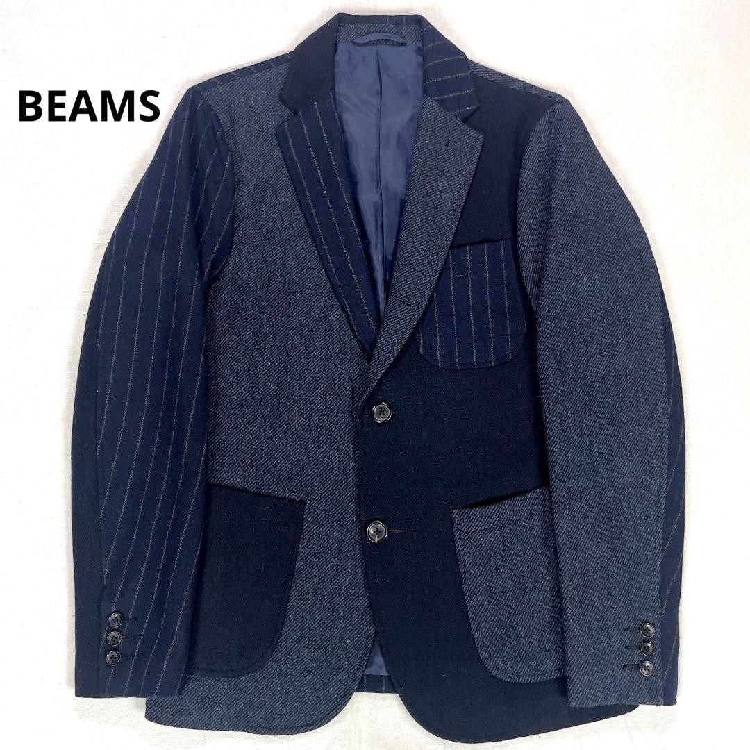 BEAMS Wool Tweed Patchwork Tailored Jacket M Navy… - image 1