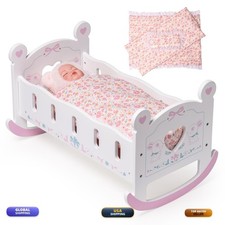ROBOTIME Wooden Baby Doll Crib for 18-24 Inch Dolls - Pink