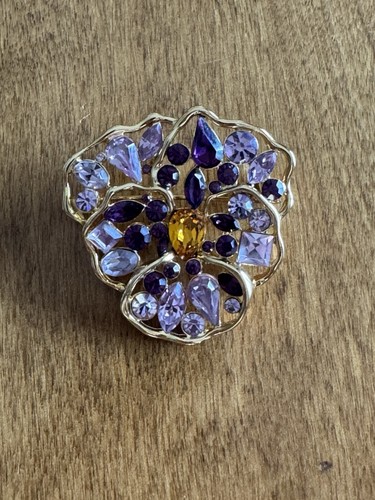 Nolan Miller Gold Tone Pink/Purple Rhinestone Signed Pansy Flower Brooch