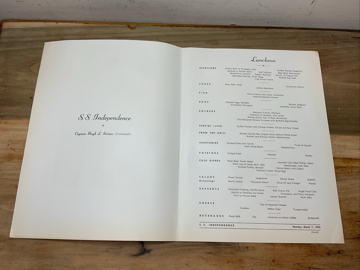 7 Mar 1955 S.S. Independence Lunch Menu American Export Lines Old