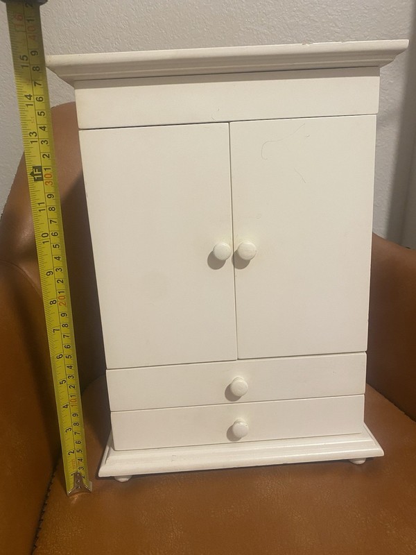 White Wood Jewelry Box w/ Mirror, Lined Blue Velvet Interior, 11 in, 25+ Pieces