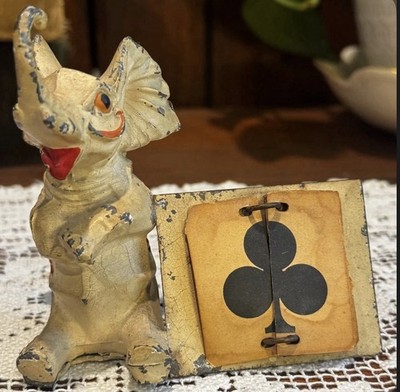 Antique German Cast Iron Elephant Note Holder w/ Rotating Playing Card Display
