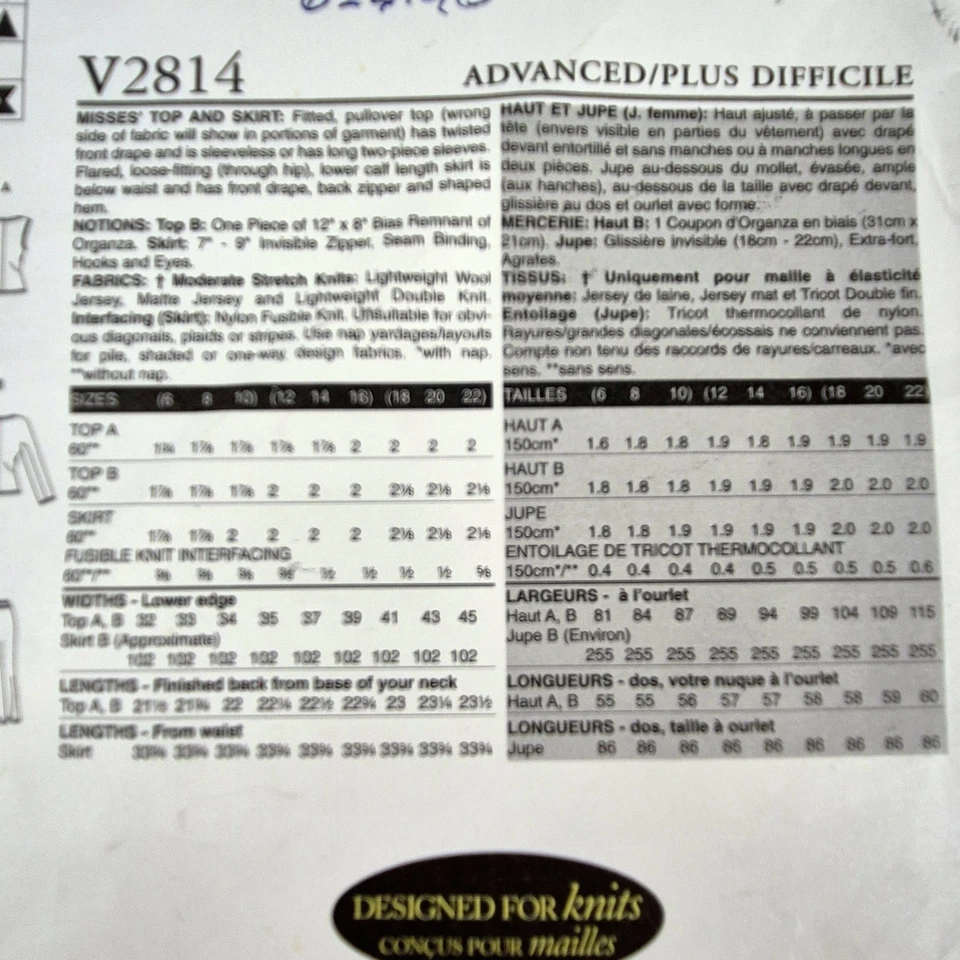 ISSEY MIYAKE Vogue Designer Original Top & Skirt Pattern V2814 Uncut Opened - Image 4 of 4