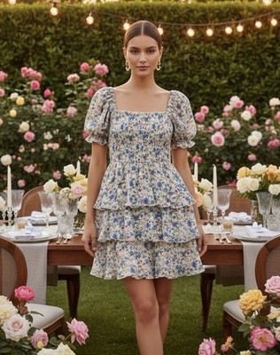 Thirty Thirty Floral Smocked Layered Mini Dress Women s Size Medium Puff Sleeve