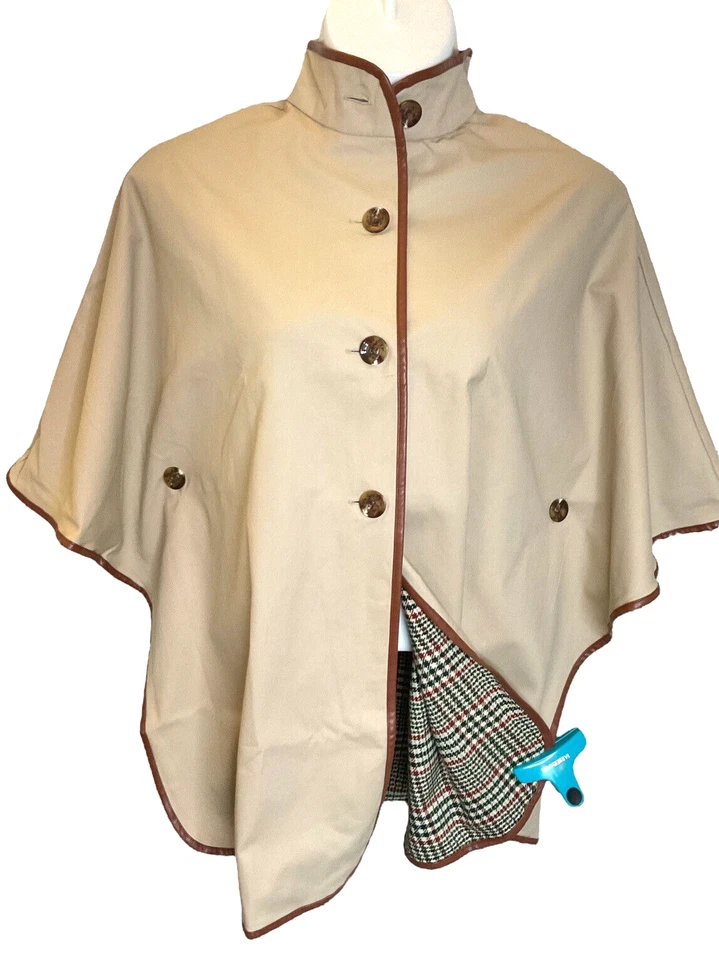 Nuevo con etiquetas Poncho Jeffrey Banks Caqui con REVERSIBLE Houndstooh Cuello Alto Capa Mujer M/L Foto 2 de 4