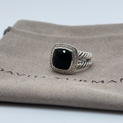 David Yurman Sterlingsilber Albion Ring 11 mm schwarzer Onyx und Diamanten Größe 7