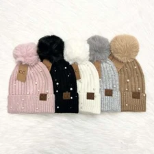 C.C Pearl Accent Pom Beanie for Adults, Winter Hats, Premium Hats, Warm Hats