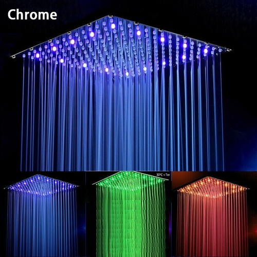 LED Shower Head Ceiling/Wall Mounted Rain Square Sprayer Stainless