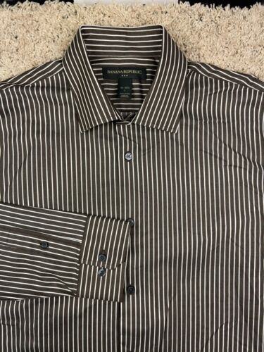Banana Republic Button Up Shirt Mens Large Brown White Striped Long Sleeve 16 - Picture 1 of 9