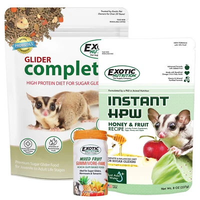 EXOTIC NUTRITION Sugar Glider Deluxe Food Starter Package - 3 Different Foods for Sugar Gliders