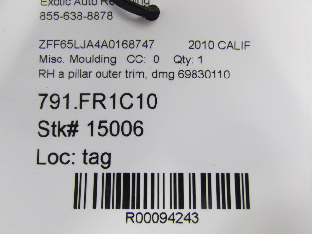 Ferrari California, RH, Right Outer A-Pillar Trim, Used, P/N 69830110