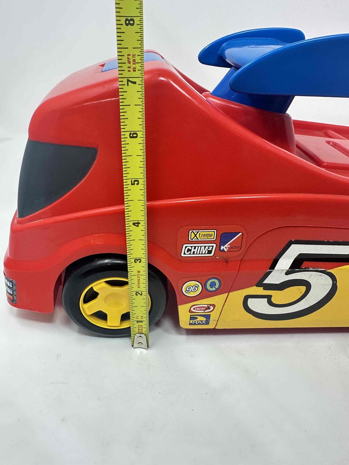 Little Tikes Car Hauler Race Car Red Number 5 Blue Spoiler w/ Tools Vintage RARE