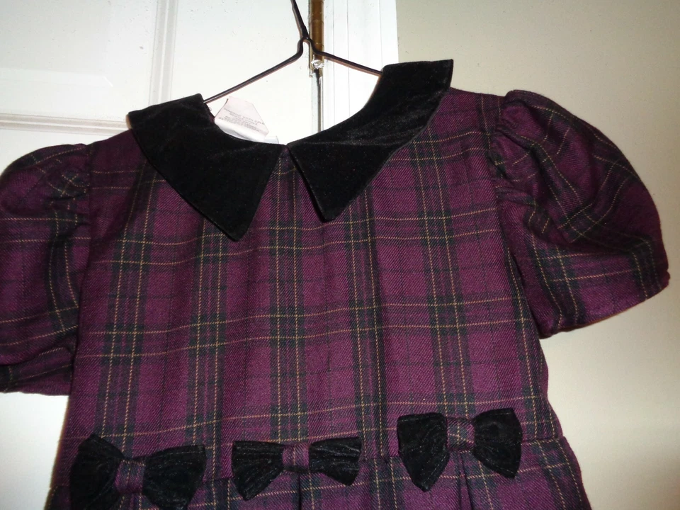 Vestido Bonnie Jean Niña Ciruela Oscura Búfalo Cuadros Mangas Cortas Talla 7 Algodón 50% Foto 3 de 4