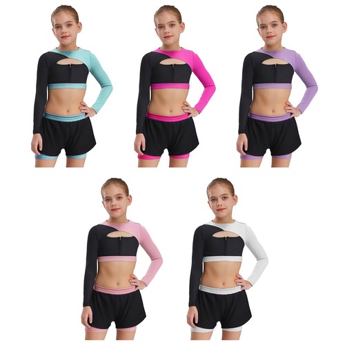 Kids Girls Outfits Gym Suit Dance Set Activewear Keyhole Front Shirts Running - Picture 2 of 31