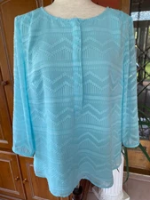 Talbots Lined Textured Half Button Blouse in Mint Blue ~ Size Large