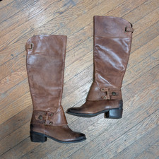 ARTURO CHIANG Brown Leather Knee High Riding Boots Round Toe Buckle Zip 6.5M