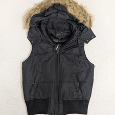 NEW Express Black Vest MED Black Full Zip Faux Fur Removable Hood Snap Buttons