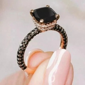 Authentic 3Ct Cushion Cut Lab Created Black Diamond Wedding Halo Ring 14K Rose Gold Plated