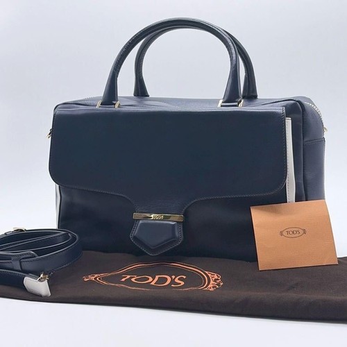 TOD'S Navy White Leather 2Way Shoulder Bag Flap Satchel Gold Hardware From Japan