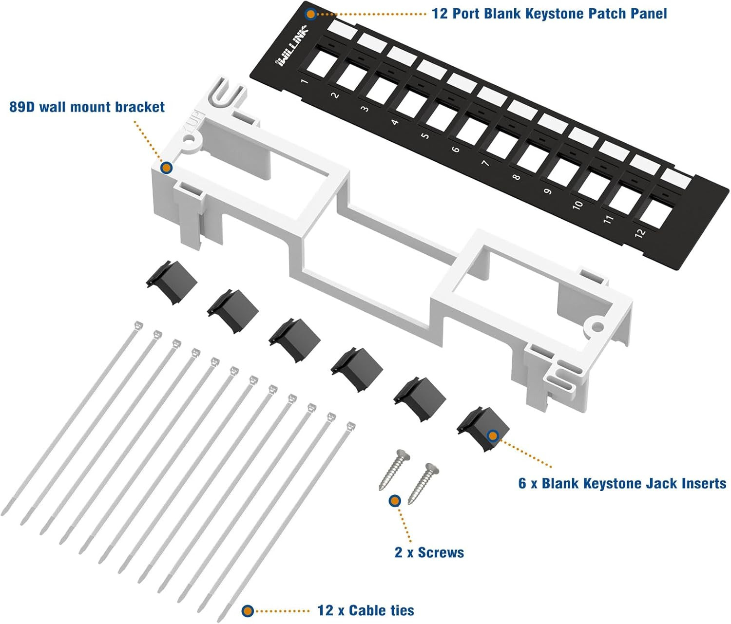 Iwillink Blank 12-Port Keystone Patch Panel with 89D Wall Mount Bracket, Versati