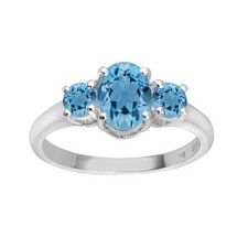925 Sterling Silver Oval Swiss Blue Topaz Gemstone Three Stone Women Ring