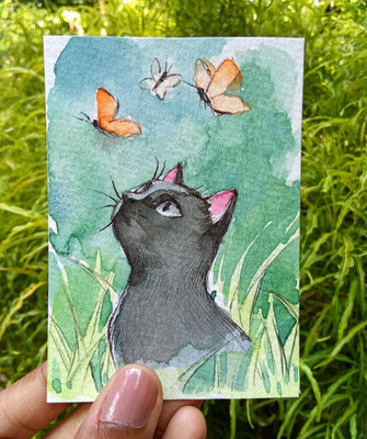 ACEO Original Aquarell Gemälde Schwarze Katze & Schmetterlinge Garten OOAK