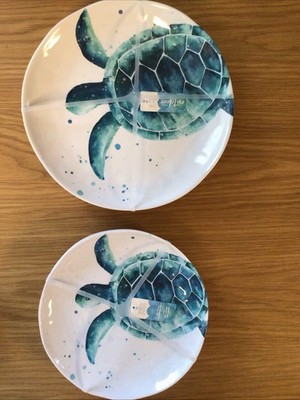 Sigrid Olsen 8 pc SET  TURTLE MELAMINE 4 DINNER 4 SALAD PLATES Beach Coastal NEW