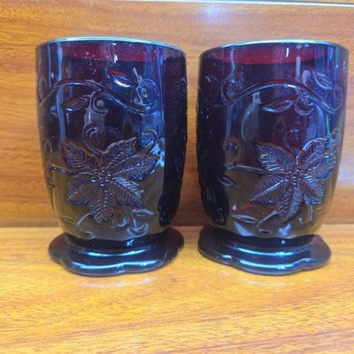 2 Princess House Fantasia Ruby Red Votive Candle Holder/Juice Glasses Poinsettia