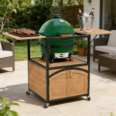 Outdoor Grill Cart for Large Big Green Egg Accessories with Storage Cabinet