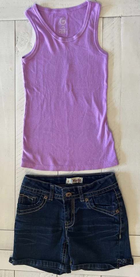 Pantalones cortos de jean 4 piezas para niñas y niños talla 10 con camiseta sin mangas púrpura talla 10/12 Foto 2 de 4