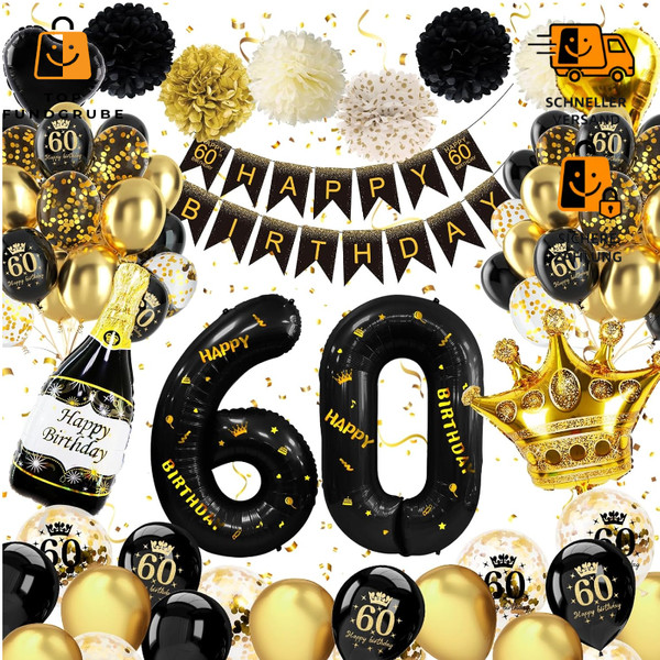 60. Geburtstag Deko Schwarz Gold Happy Birthday Banner Ballons Konfetti Set-image
