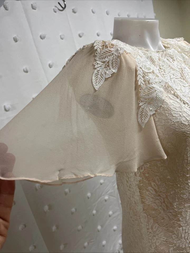 Vintage 80s Jessica McClintock Peach Satin Lace Dress Victorian Flapper Size 6 - Image 3 of 4