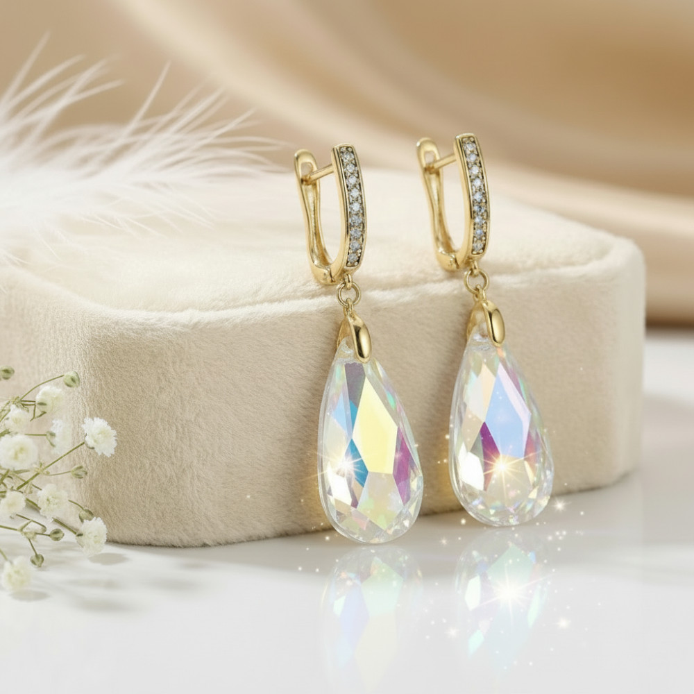 Boucles d'oreilles pendantes plaqué or et goutte en cristal luxueux