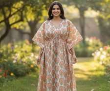 Boho Hand Block Printed Kaftan Dress Cotton Loungewear Maxi