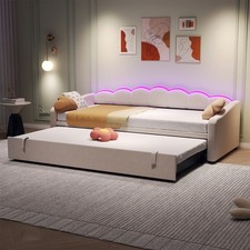3FT Upholstered Day Bed with Trundle(90x180cm) Pull Out Sofa Bed, Beige Velvet