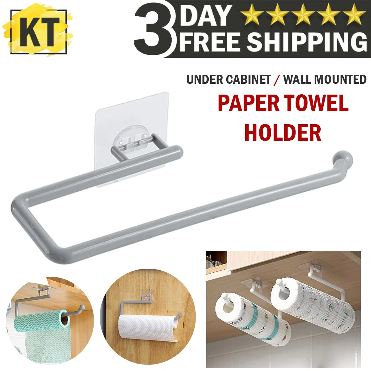 Wall Mount Paper Towel Holder Self Adhesive Stick Under Cabinet Kitchen  Bathroom