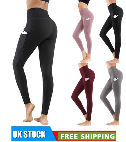 Women High Waist Gym Leggings Pocket Fitness Sports Running Ladies Yoga Pants UK - Picture 1 of 44