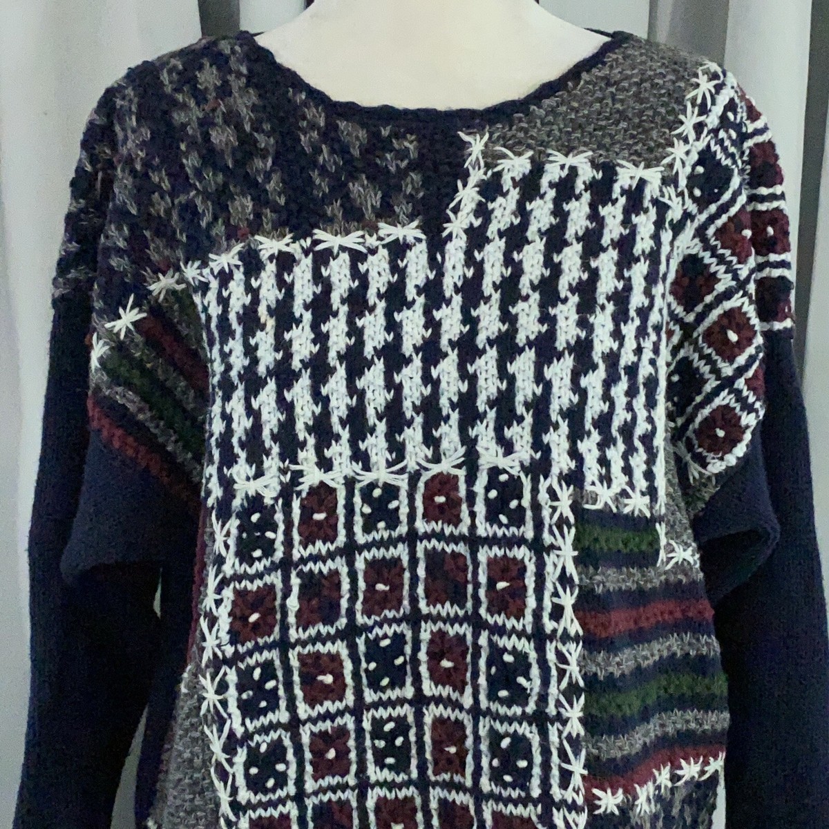 VINTAGE Jennifer Reed Sweater Extra Large Blue Hand Knit Patchwork Cottage Core