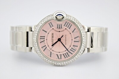 CARTIER BALLON BLEU 36MM PINK DIAL STEEL AUTO DIAMOND ENCRUSTED WATCH W6920041