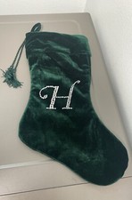 Christmas Stocking Letter H Green Velvet Monogram Bling Rhinestone 20in New NWoT