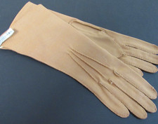 Vintage Ladies Gloves Tan Cotton Unlined 11" Size 6.5 Attached w Tag Made in USA