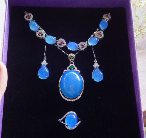 1set Gold Plate Blue AGATE JADE Bracelet Ring Cabochon Diamond Imitation 390492 - Picture 1 of 10